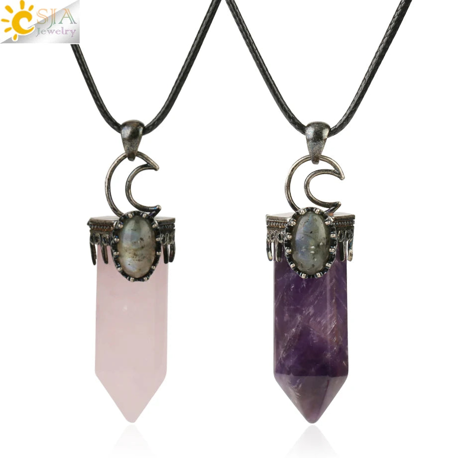 CSJA Hot Natural Gemstone Pendant Necklace Vintage Jewelry Crystal Moon Hexagon Column Point Pendant G253