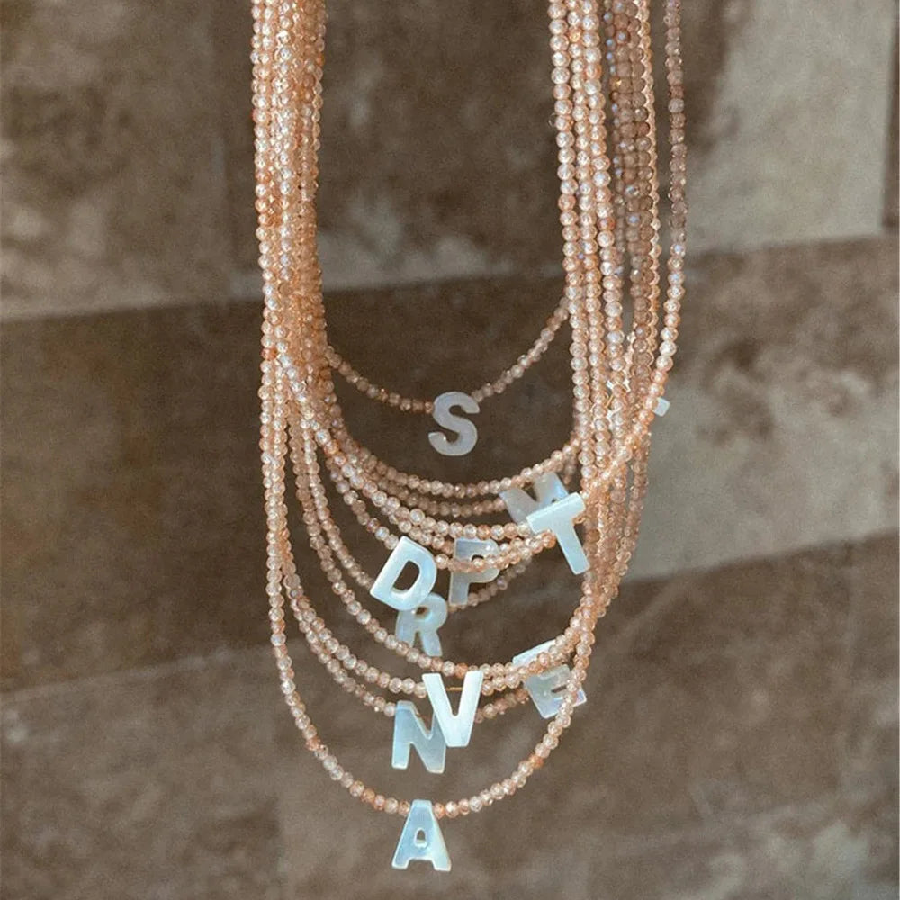 Dainty 2mm Glass Crystal Beads Beaded B c d E f j A-z Initial Mother of Pearl Shell Letters Necklace Gold Non Tarnish for Women