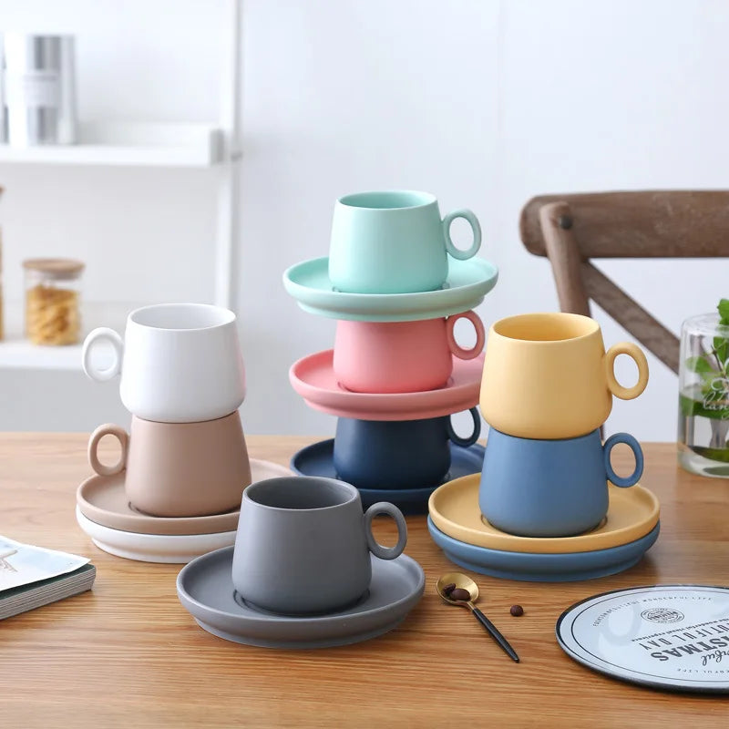Matte Ceramic Colorful Tea & Coffee Cups with Saucers Set for Giveaways