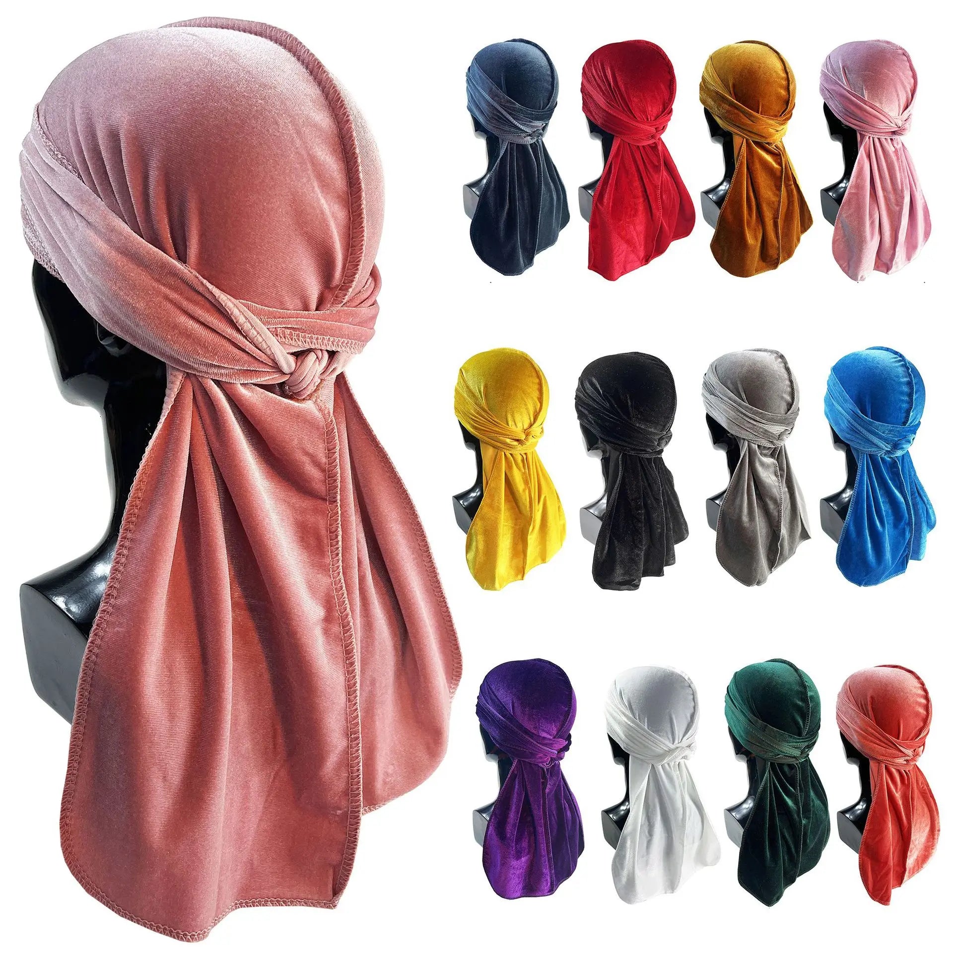 Wholesale Custom Luxury Elastic 360 Wave Soft Velvet Long Tail Straps Headwraps Men Durags for Men Velvet