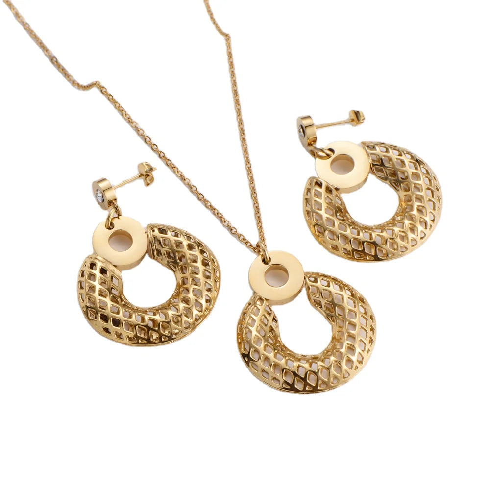 Risingmoon Luxury Stainless Steel Necklace Set 18K Gold Plated Big Hoop Earrings Jewelry Sets for Women