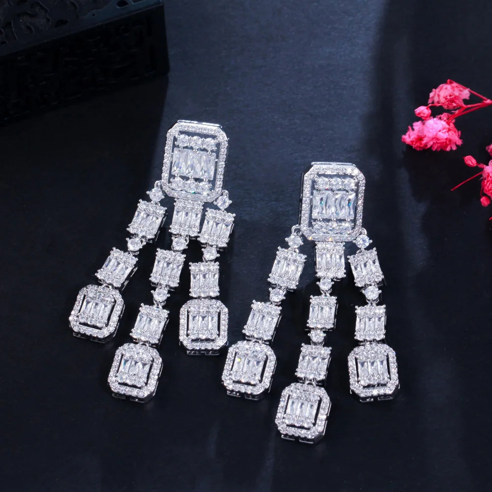 Super Sparkling Baguette Cubic Zirconia Square Long Tassel Drop Women Party Earrings Luxury Bridal Wedding Jewelry