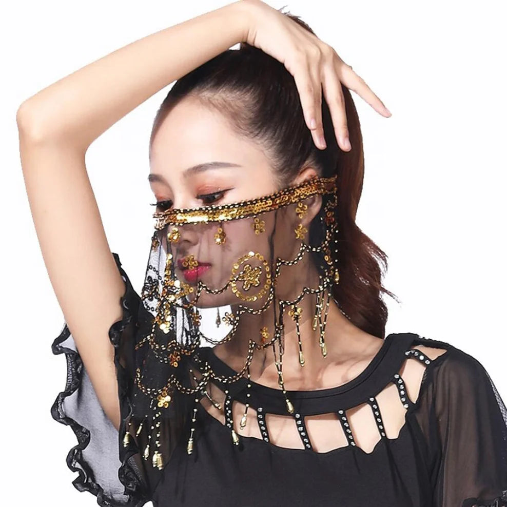 Women's Shiny Sequin Tassels Headwear Indian Belly Dance Face Veil Performance Wear