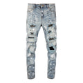 Custom Ripped Patches Distressed Hot Drilling Streetwear Painted Blue Jeans for Men