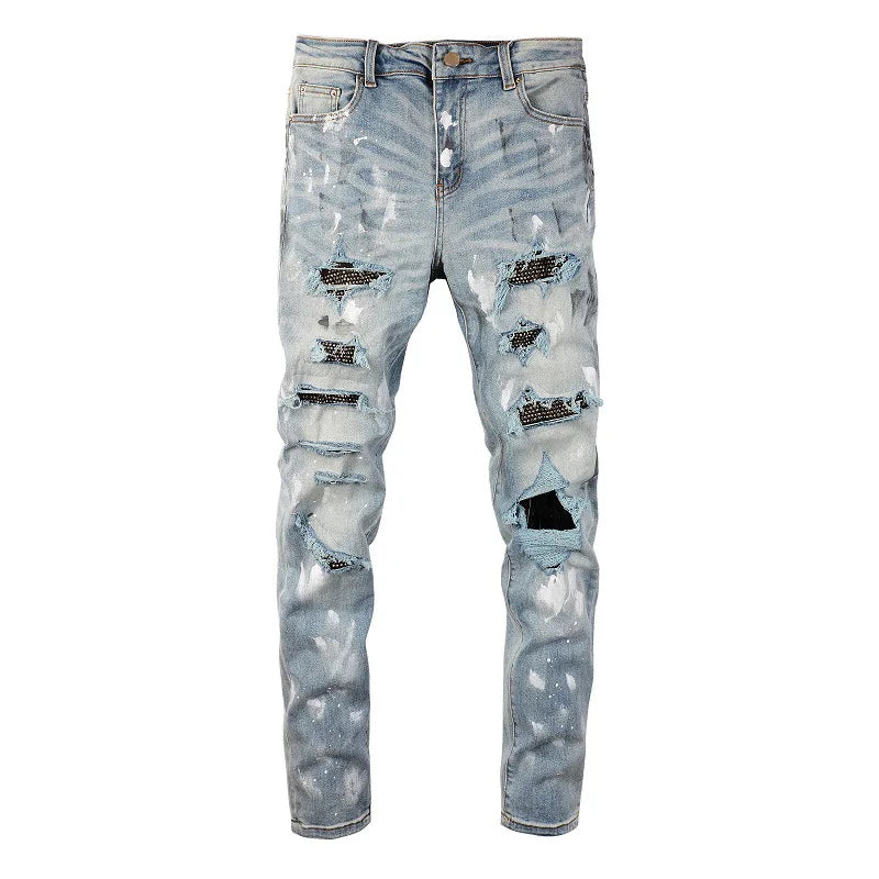 Custom Ripped Patches Distressed Hot Drilling Streetwear Painted Blue Jeans for Men