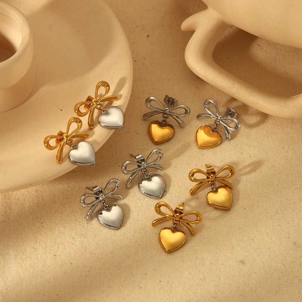 YF3743 Waterproof Stainless Steel Jewelry 18k Gold Plated Two Tone Smooth Heart Shaped Pendant Bow Earrings