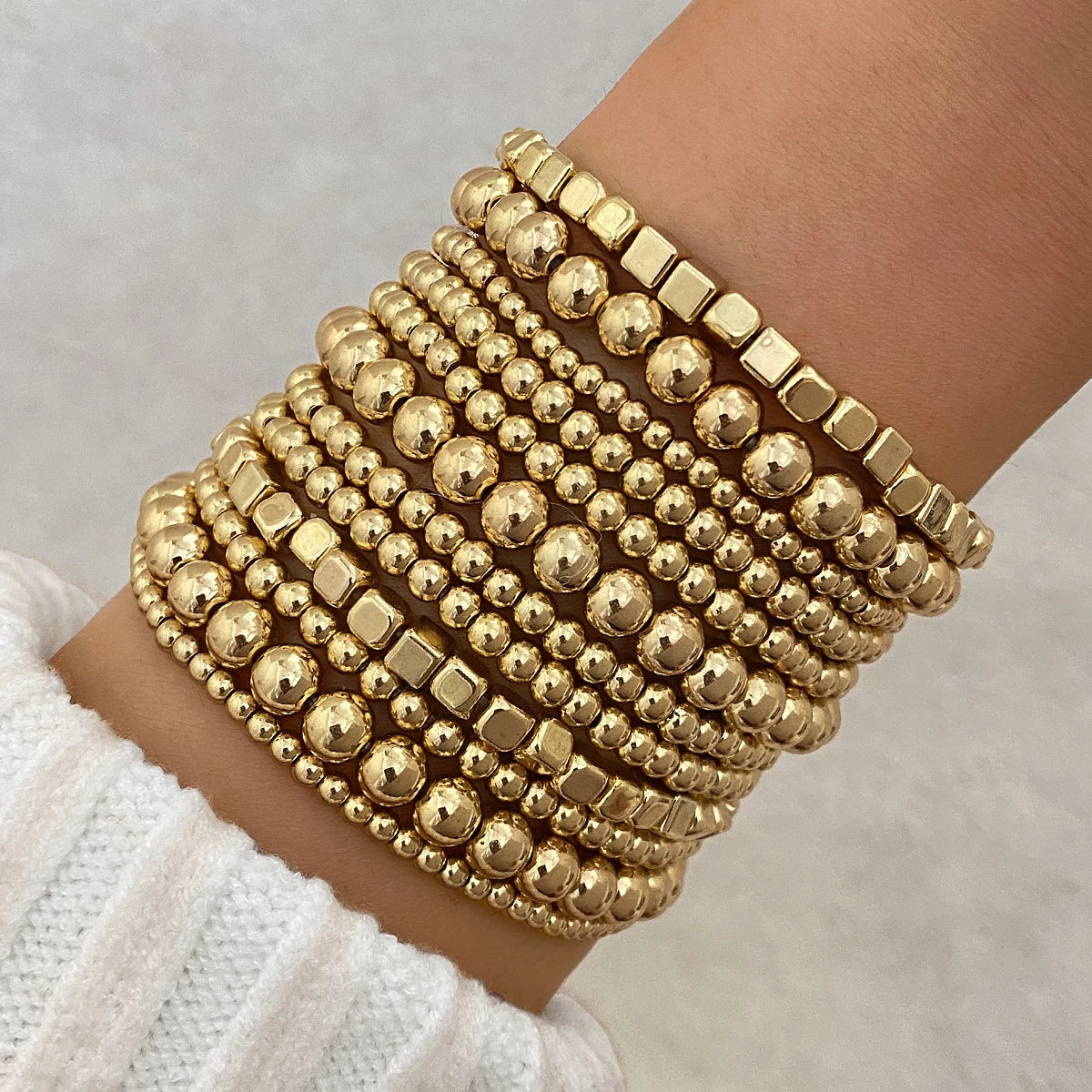 12 Pcs Punk Gold Plating Square Multi-Layer Bracelet  Stretch Smooth Stackable Bangles Bead Bangle for Women Fashion Jewelry
