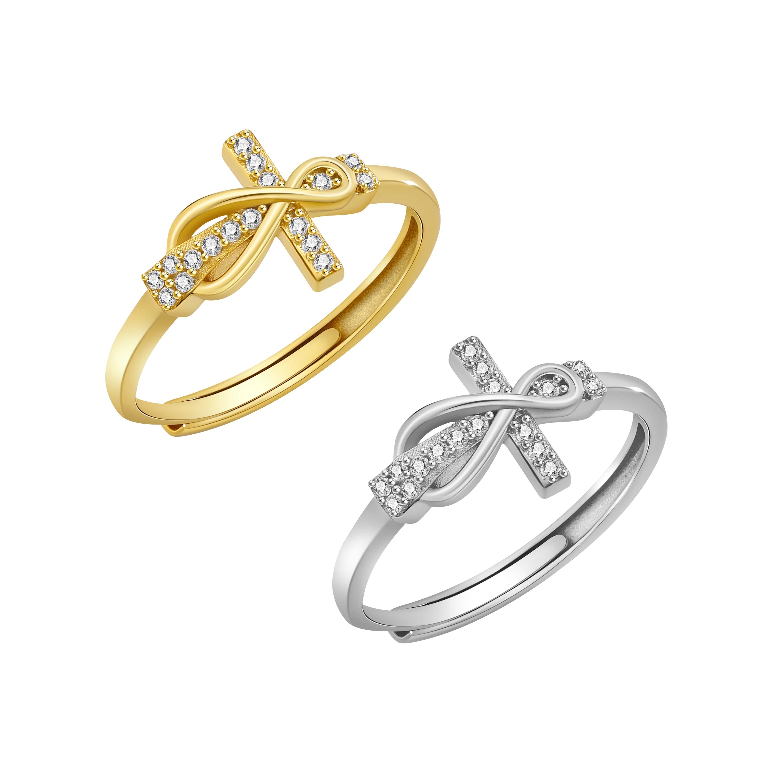 Wholesale 925 Sterling Silver Cross 18K Gold Plated CZ Cubic Zirconia Adjustable Jewelry Ring for Women