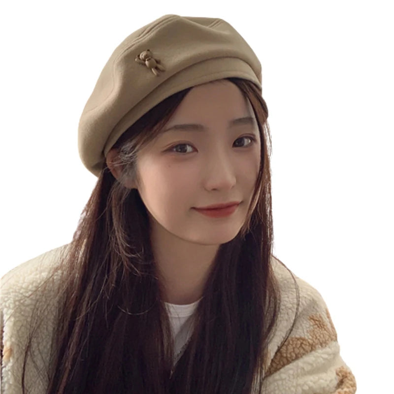 New All-Matching Student Cute Bear Winter Face Small Artist Hat Trend Femme Ladies Berets School Beret Hat