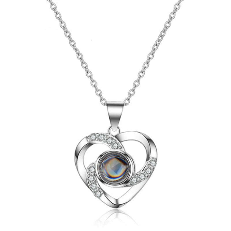 Collares 100 Idiomas Platinum Plated Inlay Zircon Pure Copper  Projection Necklace 100 Languages  I love You Heart Necklace