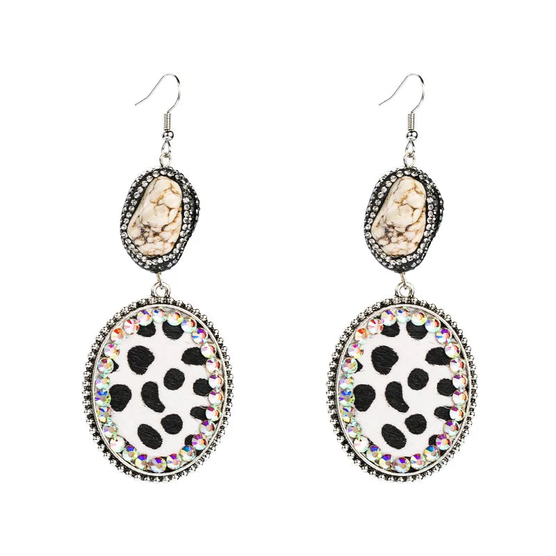 Bohemia Custom Natural Stone Pu Leopard Leather Rhinestone Crystal Earrings