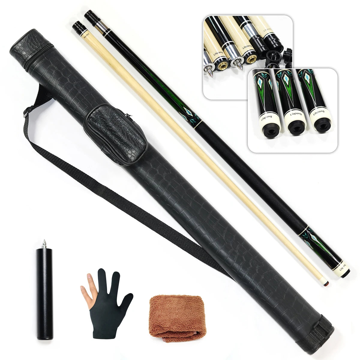 1/2 Pool Cue Stick Uni-Loc Joint with Extension Cue Bag Cleaning Cloth Glove Kit-Import Maple Wood Billiard Snooker Products