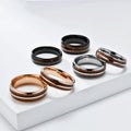 European American Classic Style Tungsten Steel and Wood Grain Leather Ring High-Grade Double Groove with Gold Inlay