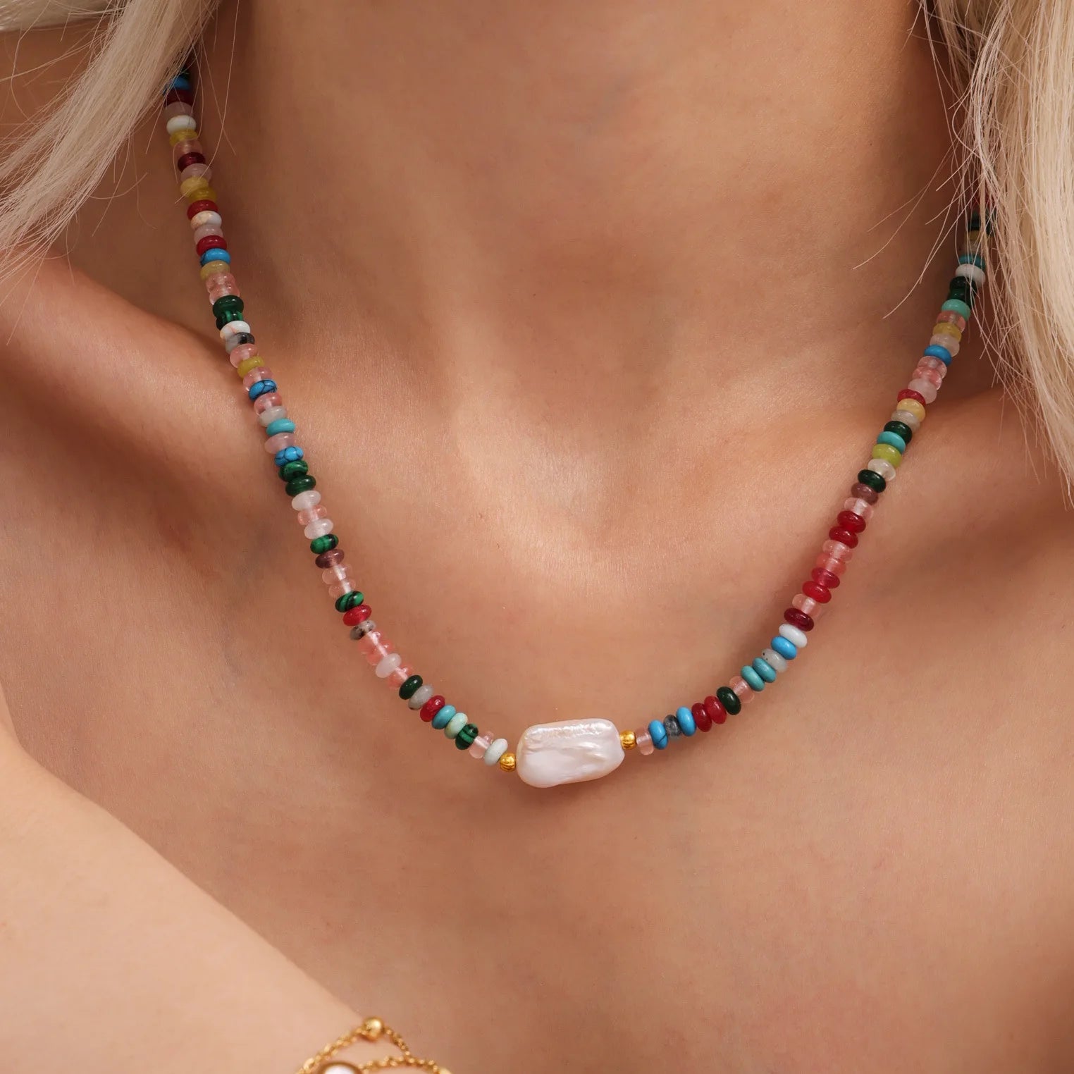 High Quality Boho Colorful Natural Stone Beads Baroque Pearls Stainless Steel Choker Necklace for Women