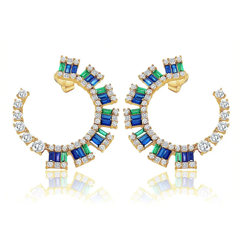 Glorious 925 Sterling Silver Color Cubic Zirconia Rhodium Stud Earrings Women 18k baguette Blue Diamond Earring Colorful Zircon