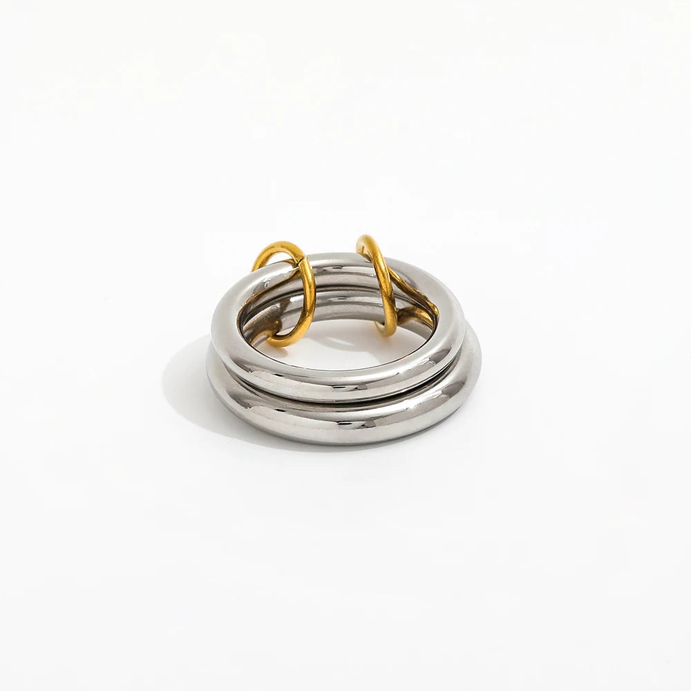 High End 18K Plain Gold Individuality Double Circle Linked Rings Stainless Steel Trendy Simple Gold Plated Jewelry
