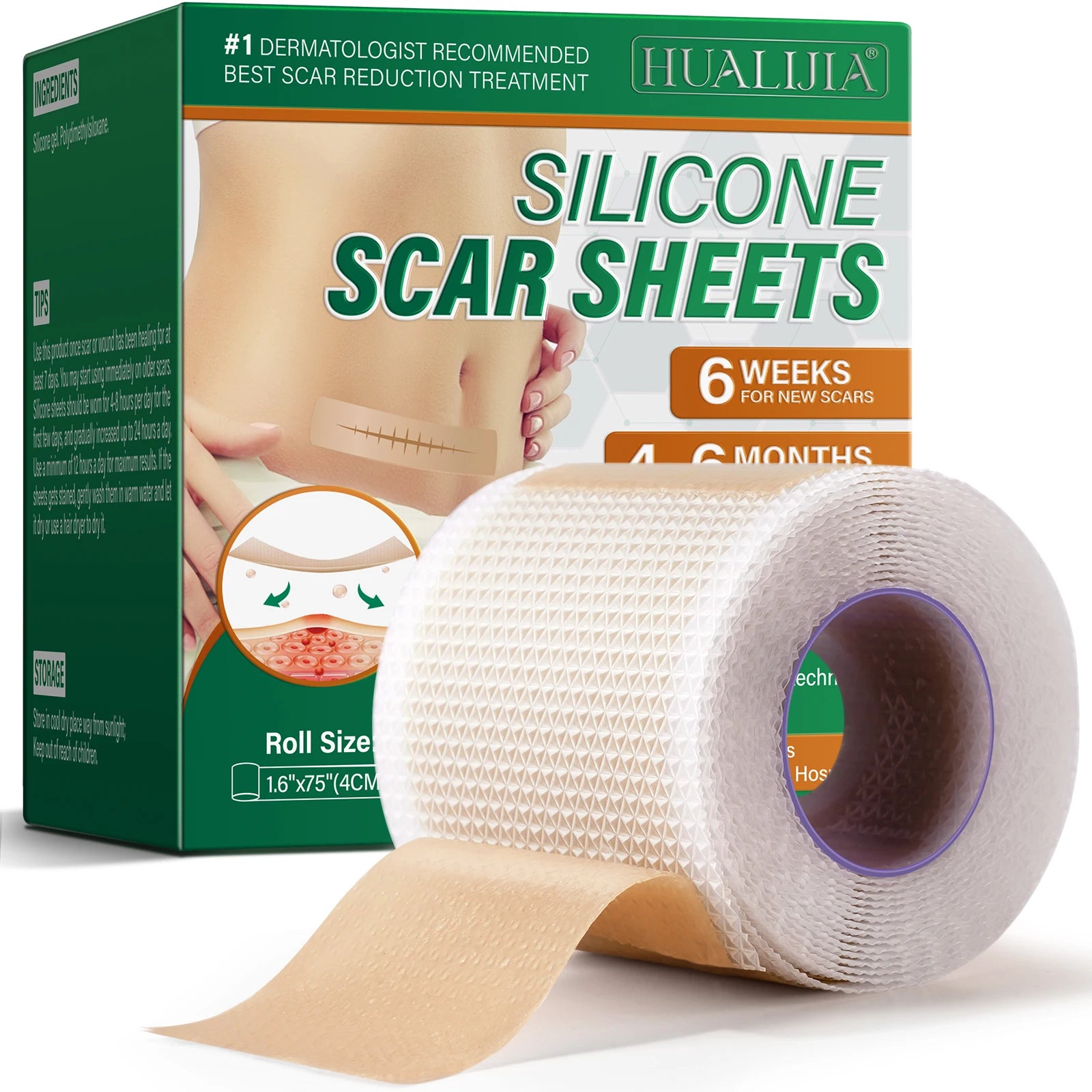 HUALIJIA Medical Grade Silicone Scar Plaster 1.6 X 75 Inch Roll Scar Removal Treatment Professional Silicone Scar Sheets