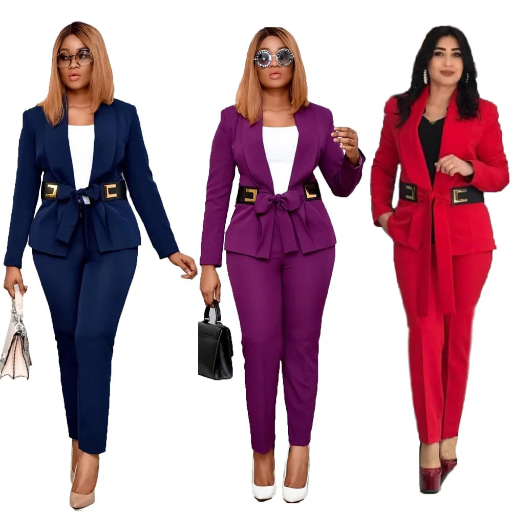 CFA4100 Trendy Casual Blazers Ladies Women Suits & Tuxedo Two Piece Pants Set Women Suits Office Formal Ladies Suits With Belt