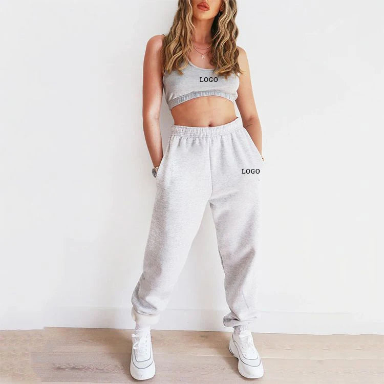 L230641 Custom Autumn Clothing Women Two Pcs Set Women Sleeveless Crop Hoodie Joggers Tracksuit for Women