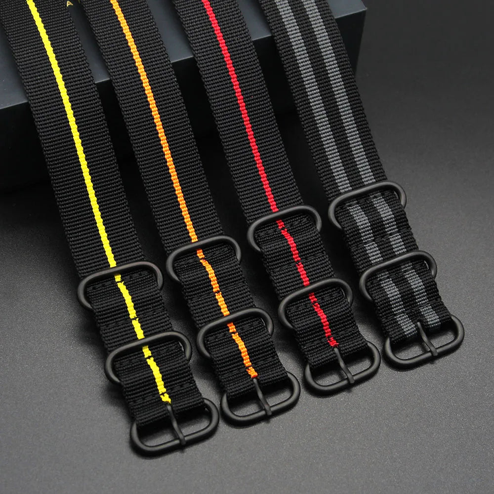 Heavy Duty Braided One Piece Single Pass 1.5mm Woven Thick Nylon Watch Strap With Three PVD Black Rings 22mm 24mm