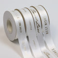 China Lude Webbing Factory Custom Own Brand Name Printed Raised Gold Foil Printing White Satin Ribbon with logo