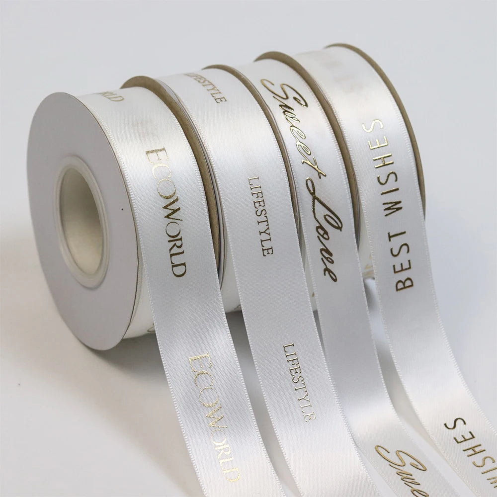 China Lude Webbing Factory Custom Own Brand Name Printed Raised Gold Foil Printing White Satin Ribbon with logo