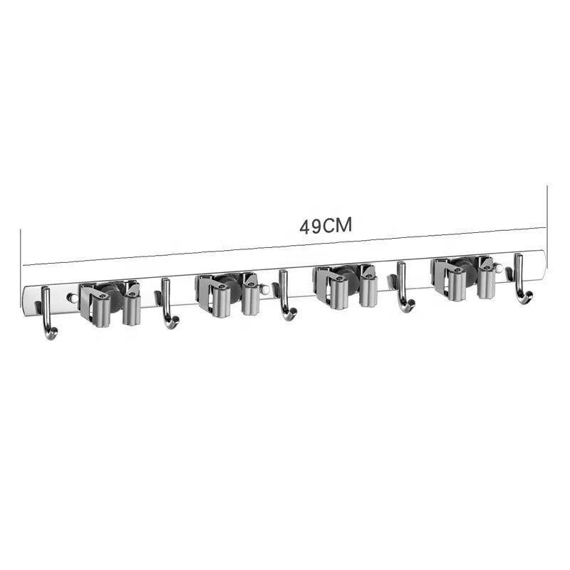Wall Mounted Stainless Steel Bathroom Storage Rack 5 Hooks 4 Clips Punch-Free Broom Mop Holder for Garage