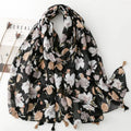 Supplier Newest Design Elegant Flower Printed Tassels Long Large Shawls Fashion Women Autumn Outer Wear Thin Black Scarves