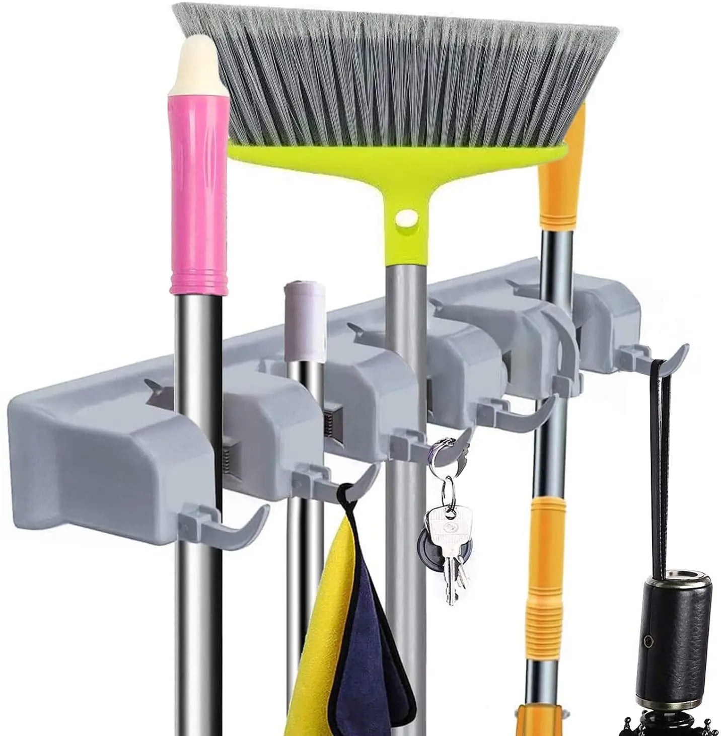 Mop Holder Storage Rack Hook Multi-Functional Wall Mounted Mop Handle and Broom Holder with 6 Hooks Mop and Broom Holder