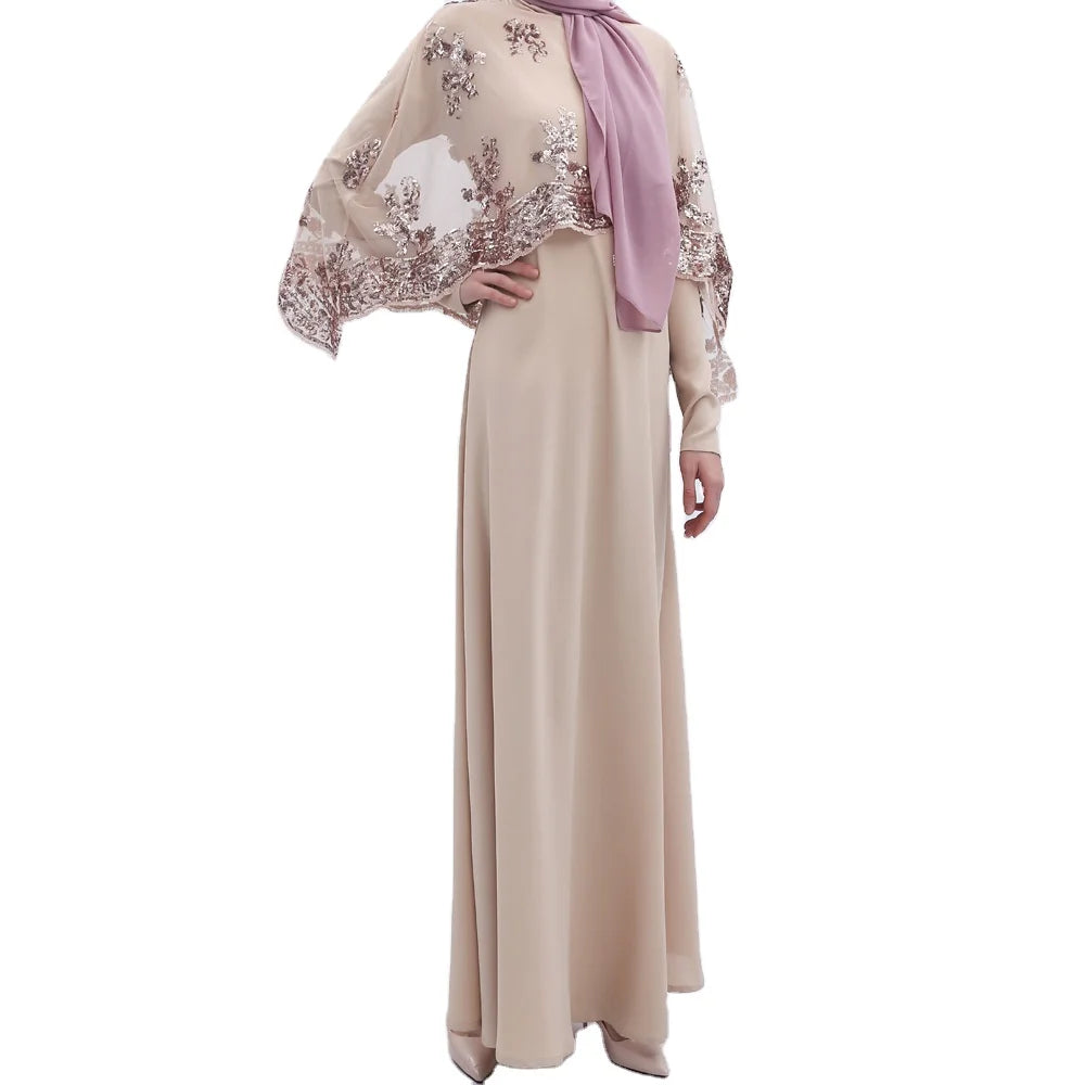 Wholesale Price Embroidery Sequined Lace Short Cloak With Plain Color Long Soft Feeling Dress Abaya Sets From Dubai