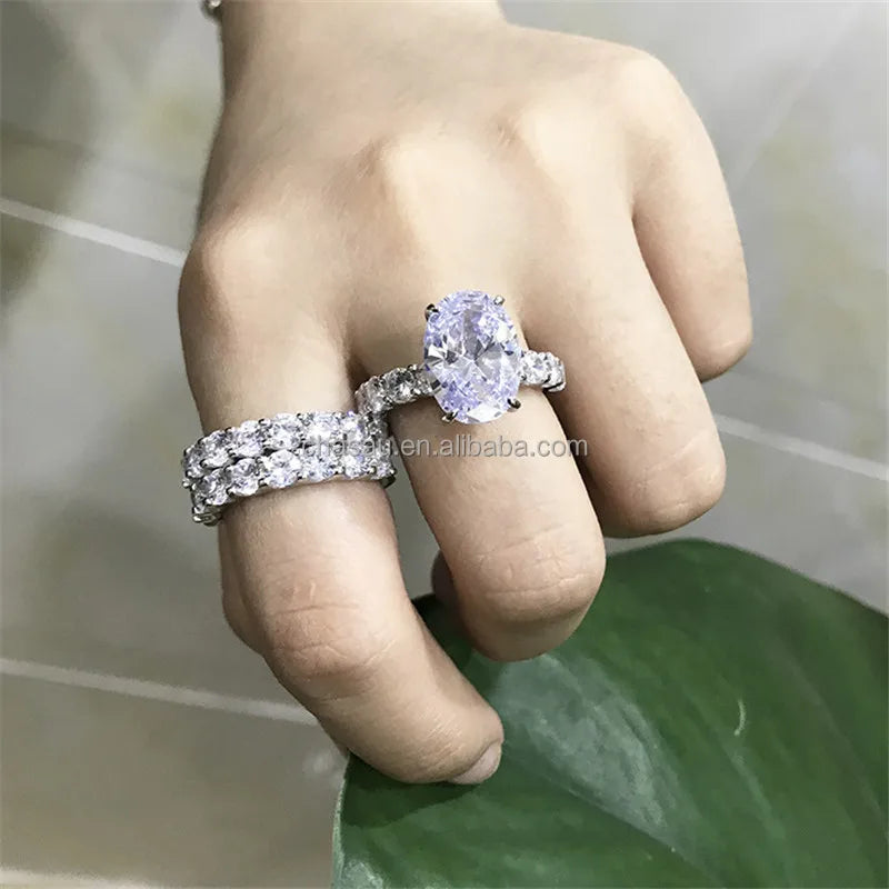 Hot Selling Trio Ring for Women 925 Sterling Silver Oval Cut CZ Jewelry Engagement Wedding Band Rings Set