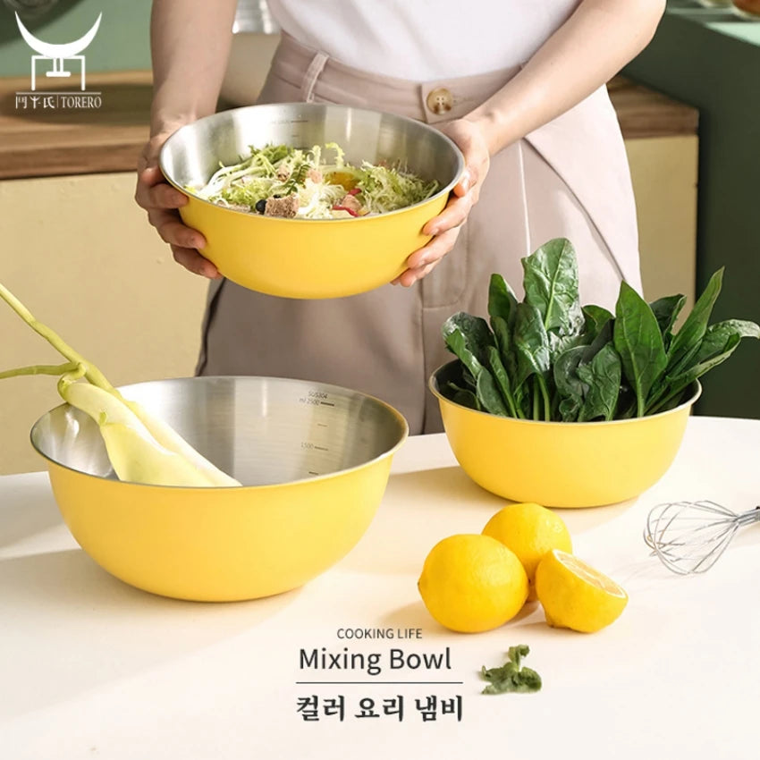 304 Stainless Steel Color Salad Mixing Bowl Set with Scale and Vegetable Wash Mesh Basket for Kitchen Baking Cake Batter