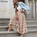Ohsisa Fashion Elegant Solid Color High Waist A-Line Ladies Mesh Cake Skirt Fluffy Half Skirt Multilayer Ruffle Mesh Skirt