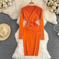 One Size Elegant Style V-Neck Button Knit Dress Women's Medium Length Bottomed Sweater With Hip Wrap Evening Dresses