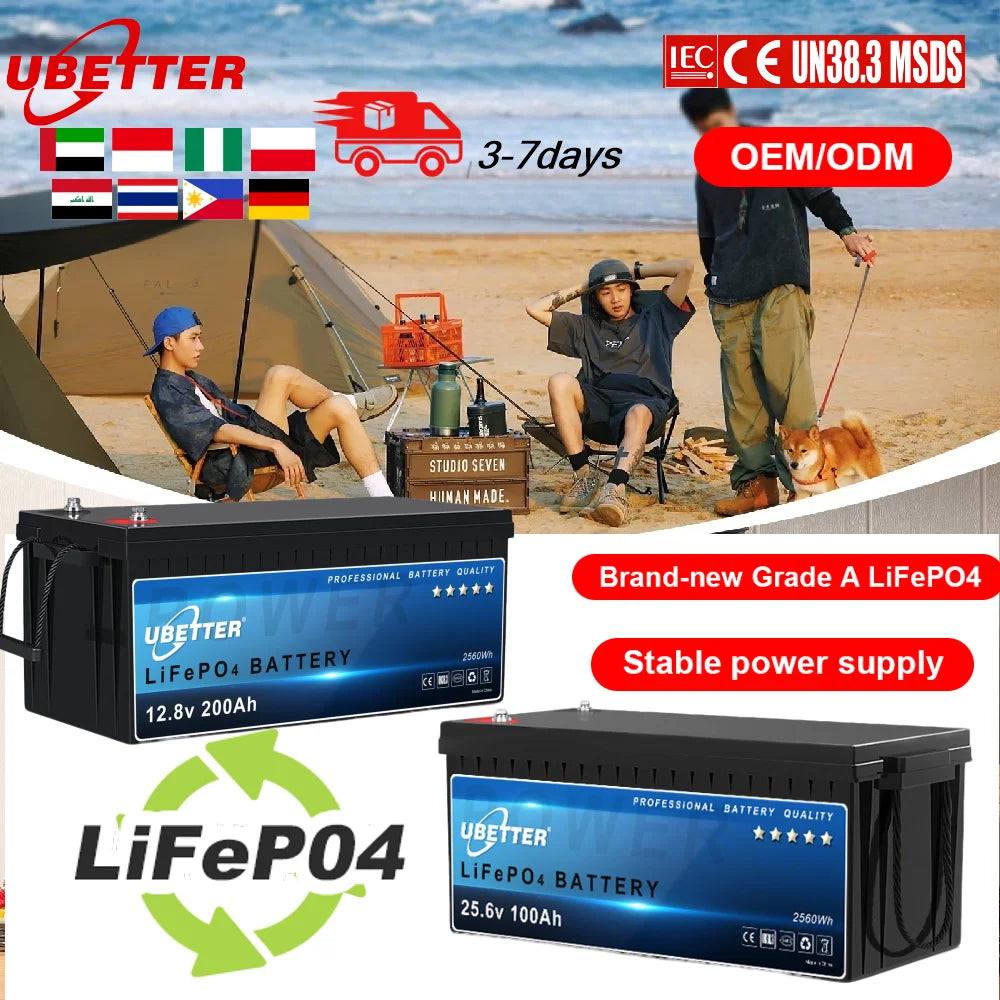Stock Ubetter 12V 24V Lifepo4 Battery 100Ah 200Ah 300Ah Solar Energy Storage UPS Power Supplies RVs Lithium Rechargeable