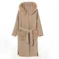 QIUCHEN QC21006 Luxury Fox Fur Collared Cashmere Coat with Detachable Collar Big Fox Fur Pockets Long Wool Jacket for Women