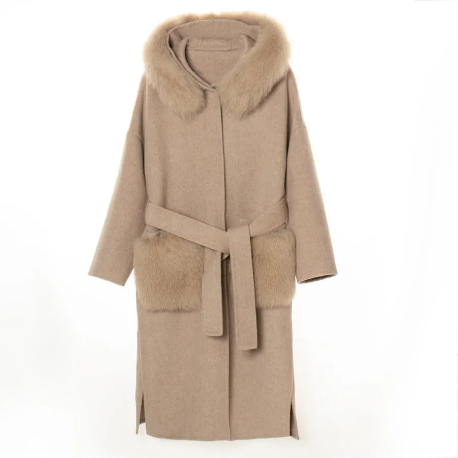 QIUCHEN QC21006 Luxury Fox Fur Collared Cashmere Coat with Detachable Collar Big Fox Fur Pockets Long Wool Jacket for Women