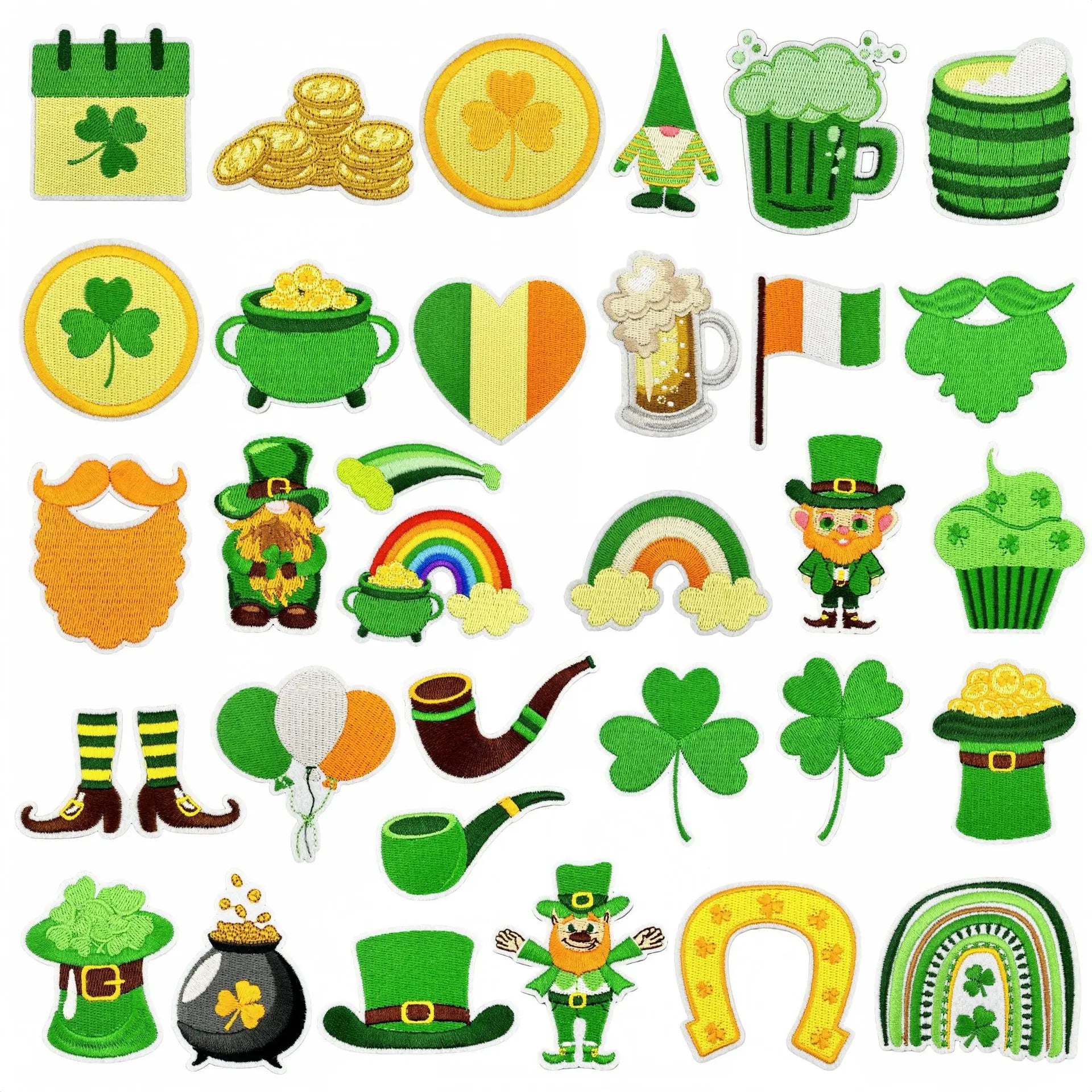 New Hot  Light Green Iron on Embroidered St Patrick Day  rainbow Hat Heart Four Leaf Clover Patch for T-shirt Hoodies