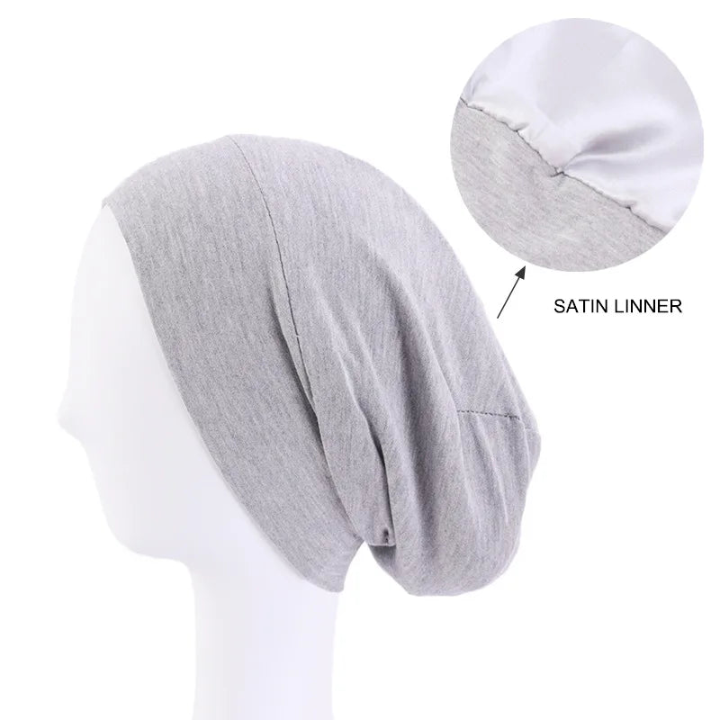Popular Blank Ladies Sleeping Hats Satin Lining Inside Stretch Cotton Women Wide-brimmed Hood Hats Night Hat With Satin Linner