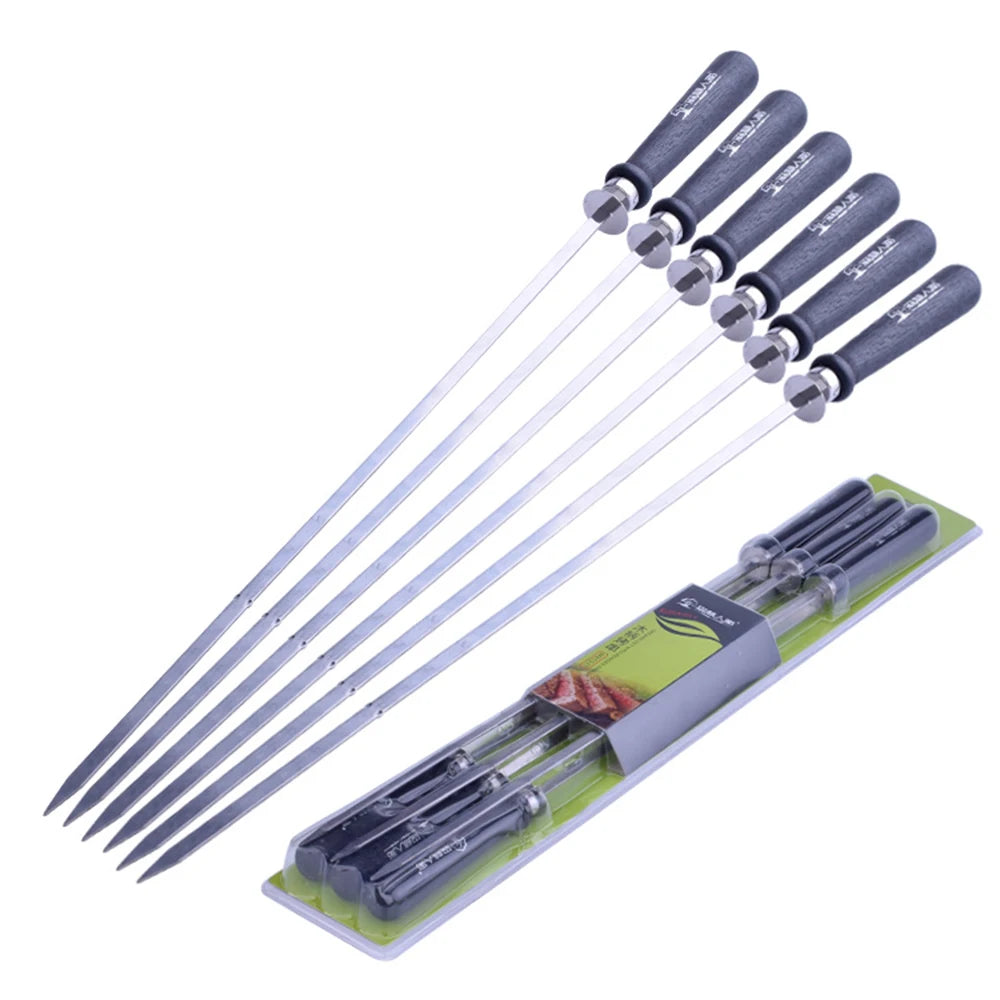 6PCS Stainless Steel BBQ Skewers with Long Wood Handle Reusable Grilling Kabob Tools for Hot Dog Fish & Meats