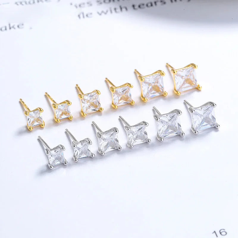 Wholesale Simple 925 Sterling Silver Claw Setting 3mm 4mm 5mm 6mm Square Zircon Stud Earrings for Women