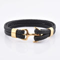 Custom Logo Engravable 18K Gold Anchor Black Leather Bracelets for Men Popular Sale Fashion Charm Jewelry