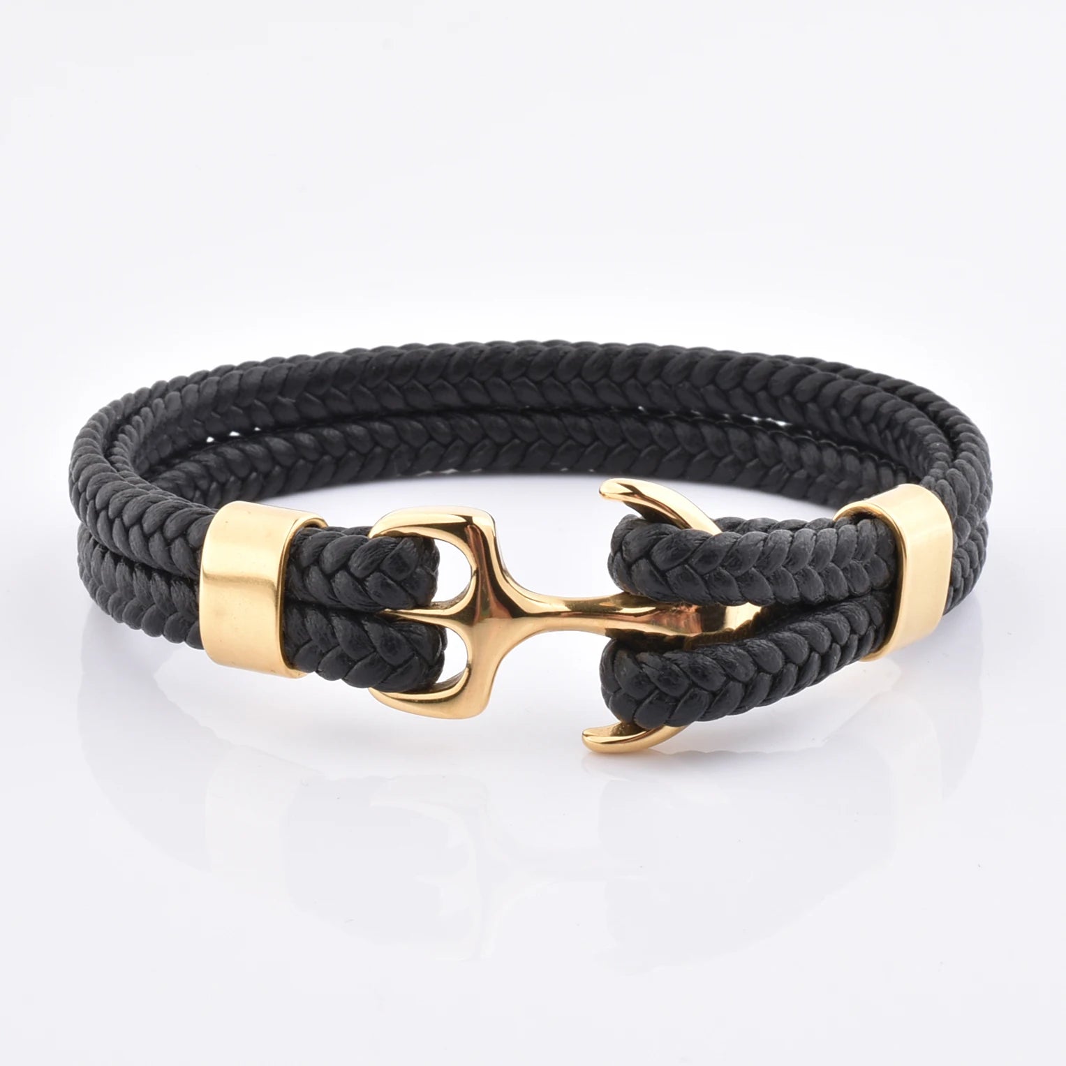 Custom Logo Engravable 18K Gold Anchor Black Leather Bracelets for Men Popular Sale Fashion Charm Jewelry