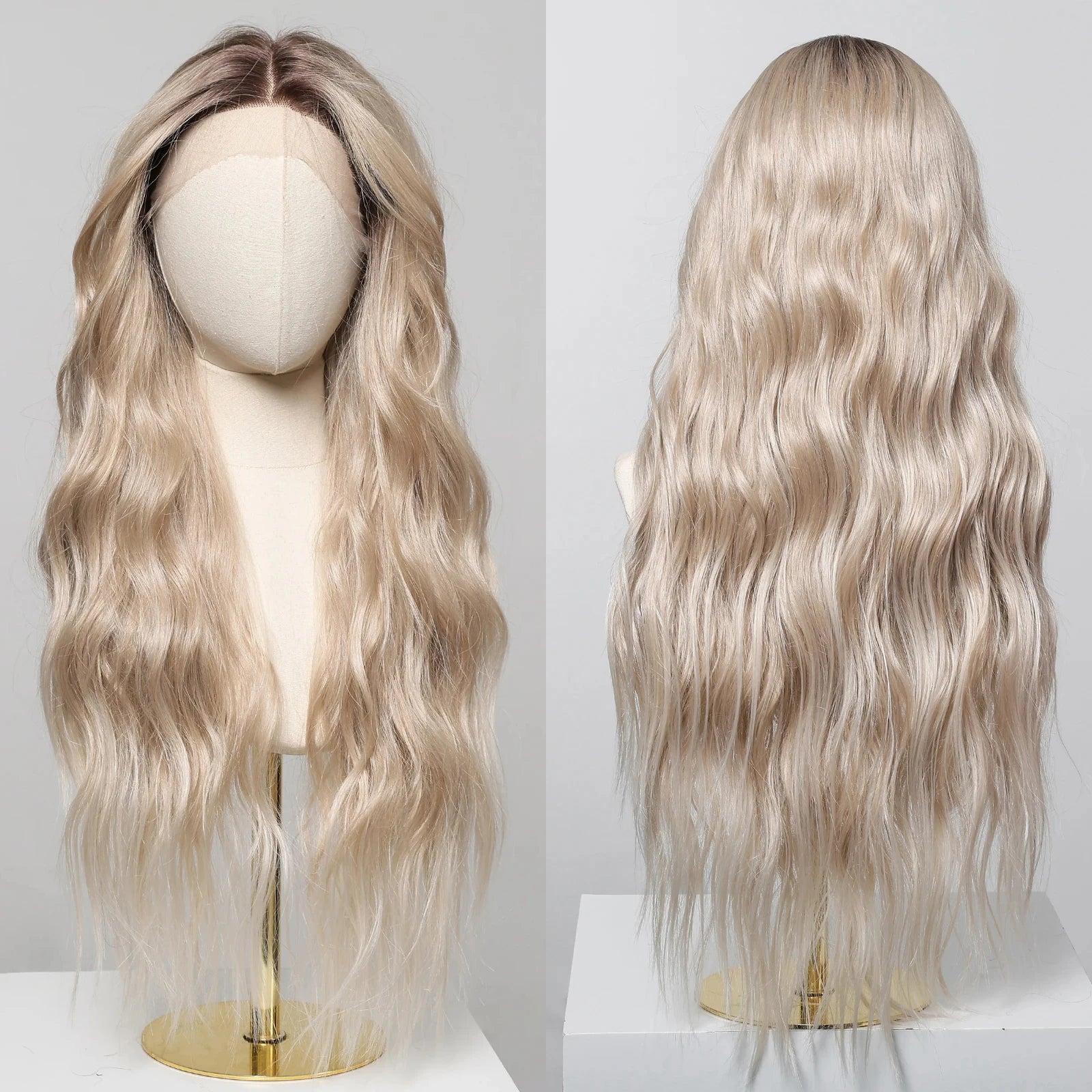 HAIRCUBE Ombre Blonde Lace Synthetic Wigs 13*6 Lace Front Wig Platinum Blonde Long Wavy Hair for Women Daily Natural Looking