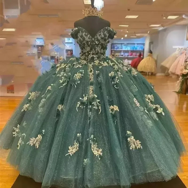 2026 Off the Shoulder Princess Pageant Ball Gown Flowers Beads Sweet 16 Dark Green Quinceanera Dresses MQ421