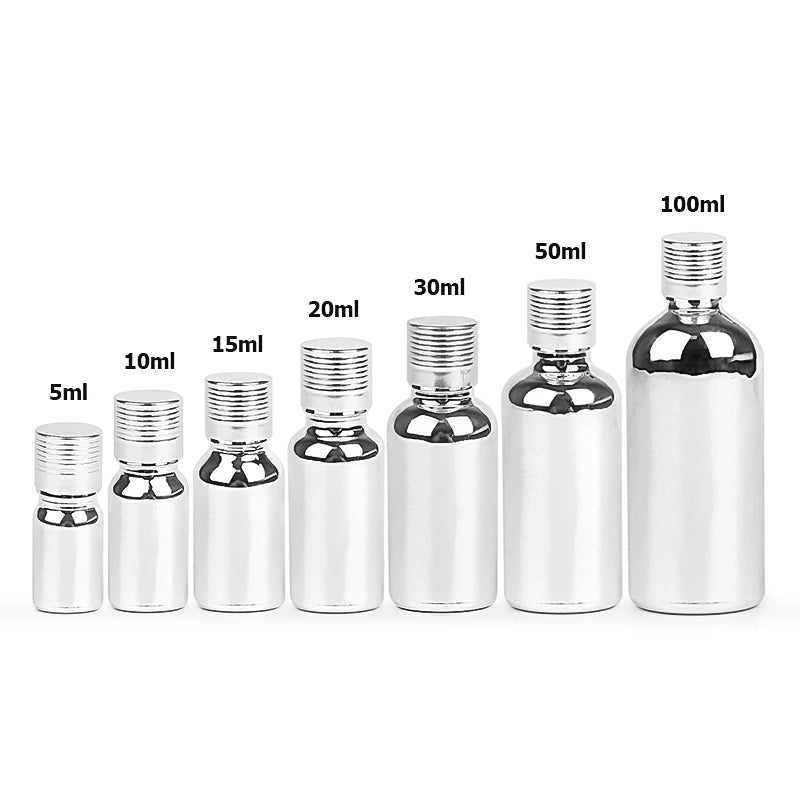 10ml 20ml 30ml 50ml 100ml Silver Shining Color Electroplate Essential Oil Serum Perfume Gift Glass Bottle With Silver Screw Cap