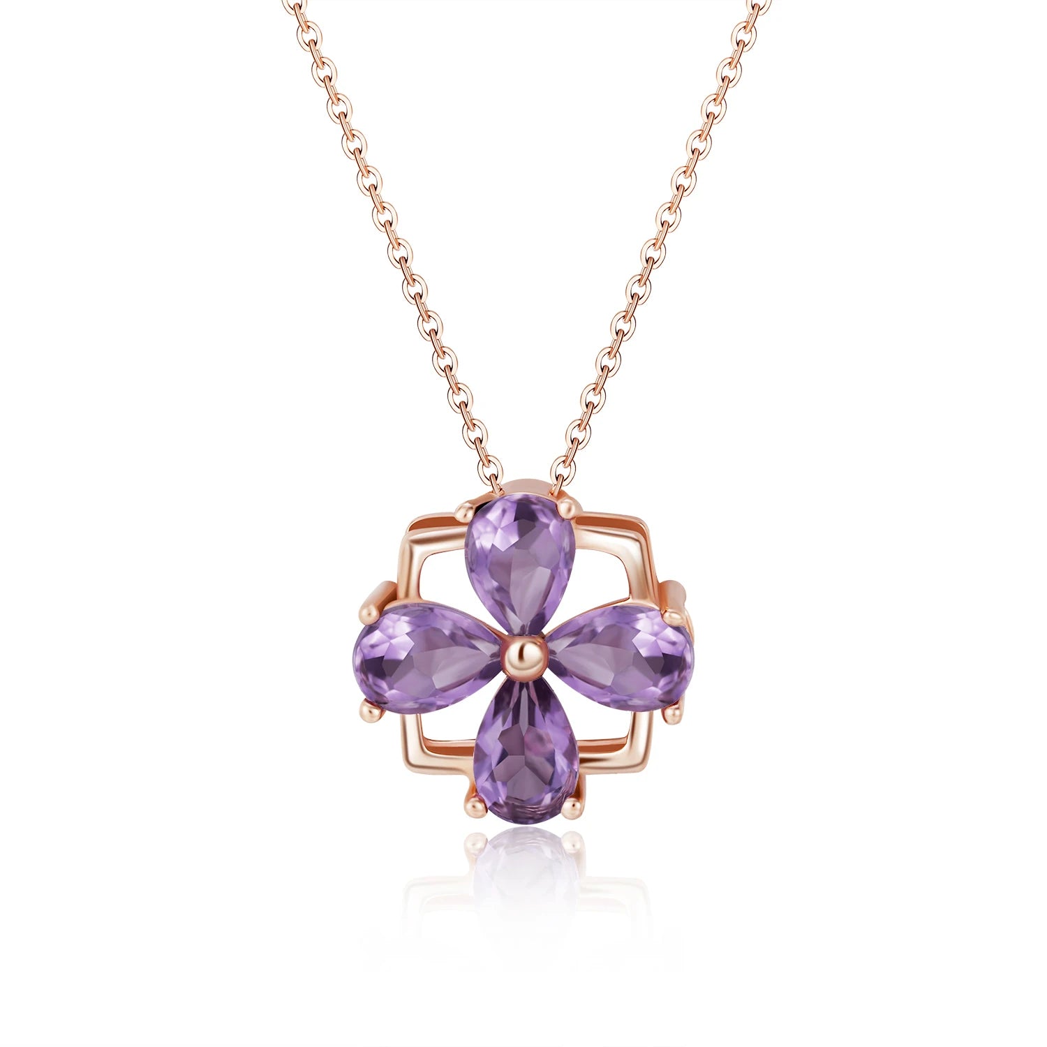YBO 925 Silver 18K Rose Gold Plated Geometric Square Four-Leaf Clover Pendant Trendy Natural Pear Amethyst Gems Link Chain
