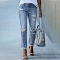 Hot Sale Summer Fashion Women Skinny Denim Pants Blue High Waist Ripped Stretch Destroy Washed Holes Jeans