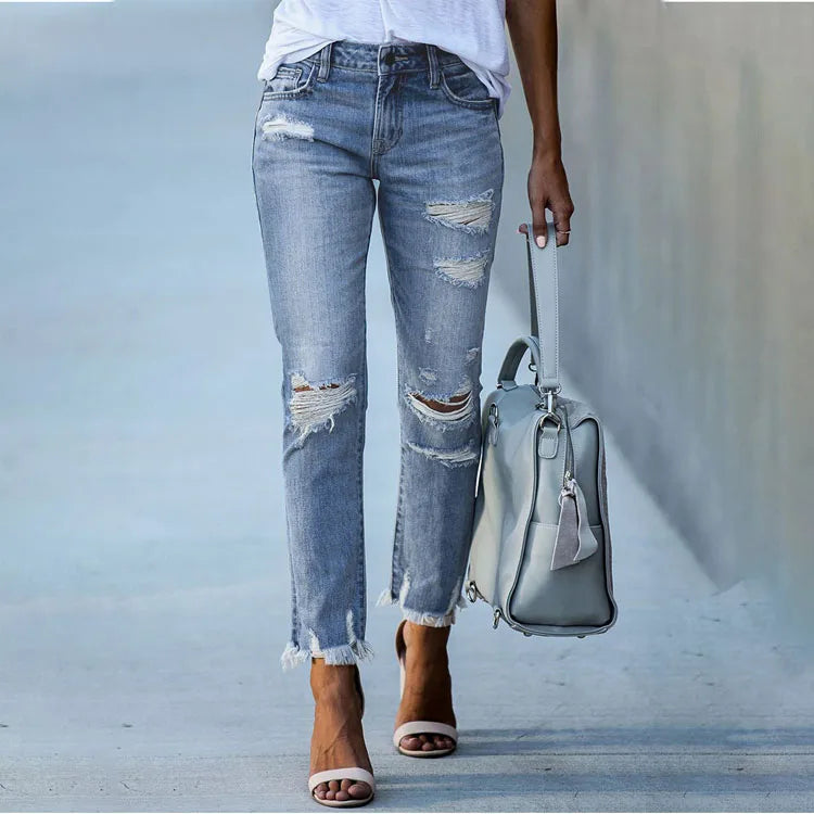 Hot Sale Summer Fashion Women Skinny Denim Pants Blue High Waist Ripped Stretch Destroy Washed Holes Jeans