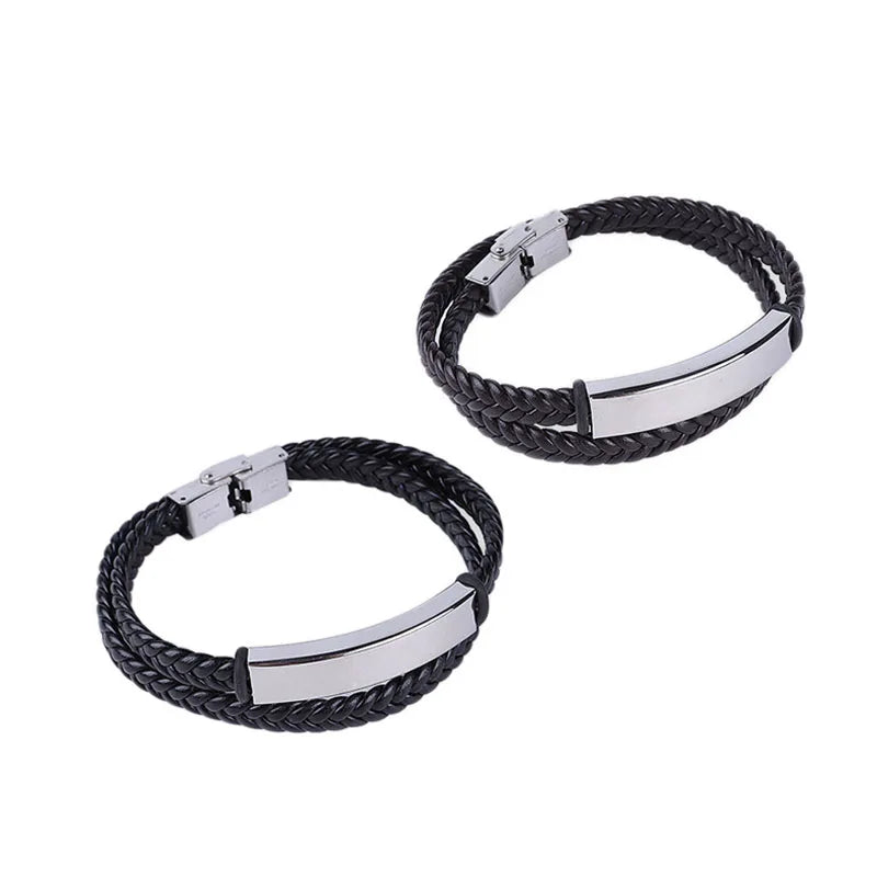 Hot Selling Fashion Customizable Men's Bangle Jewelry Stainless Steel Multilayer Woven Leather Bracelet
